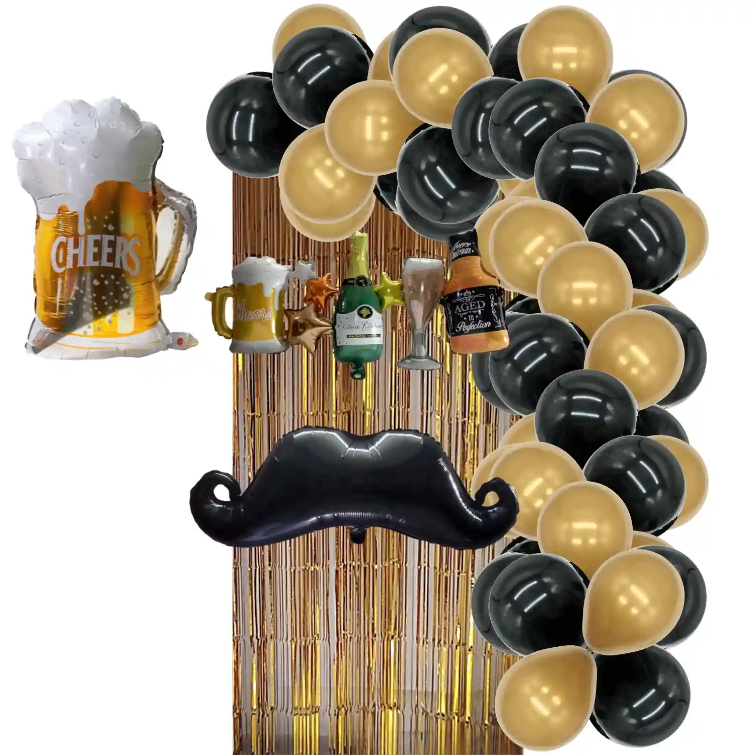 bouquet de globos r12 negros y dorado con cortina dorada, globo cerveza,  globo bigote y globo conjunto vino 